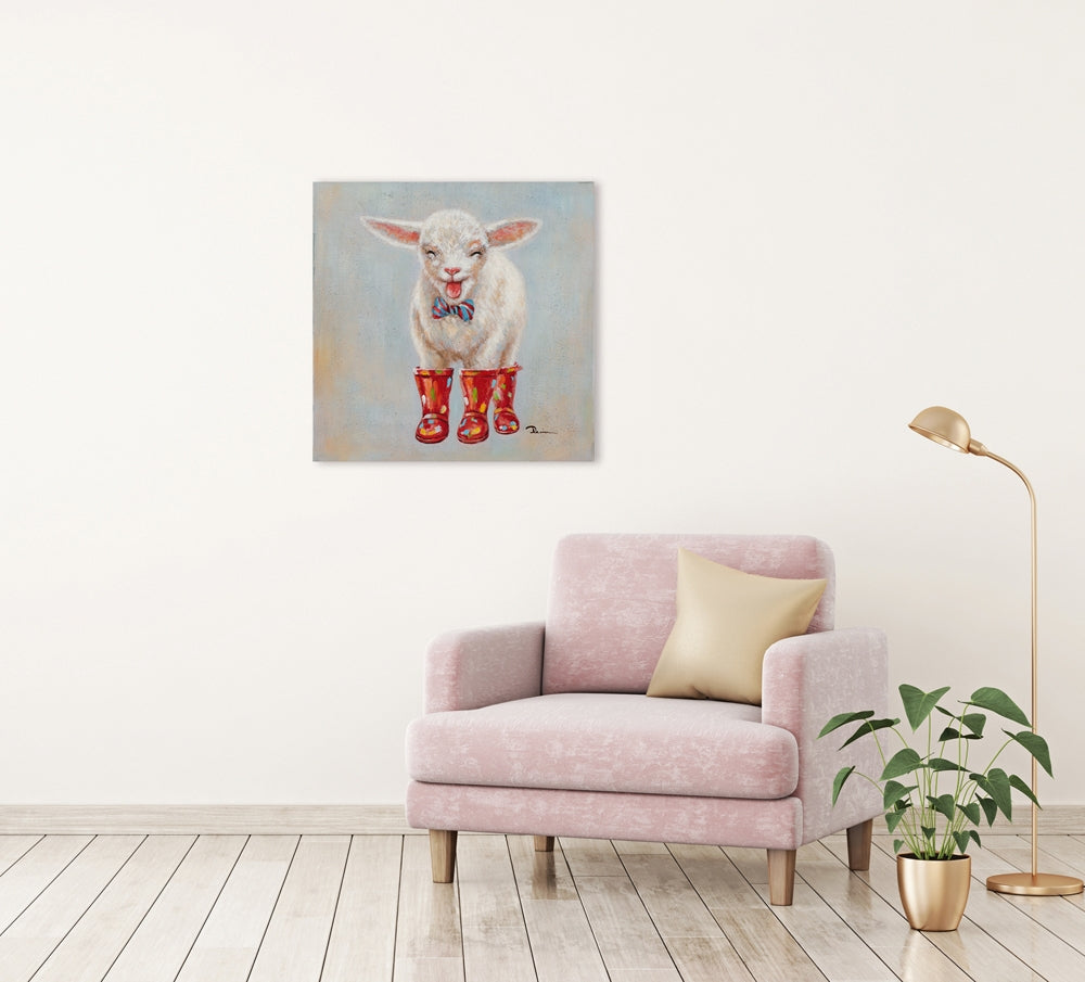 Lamm in roten Gummistiefeln