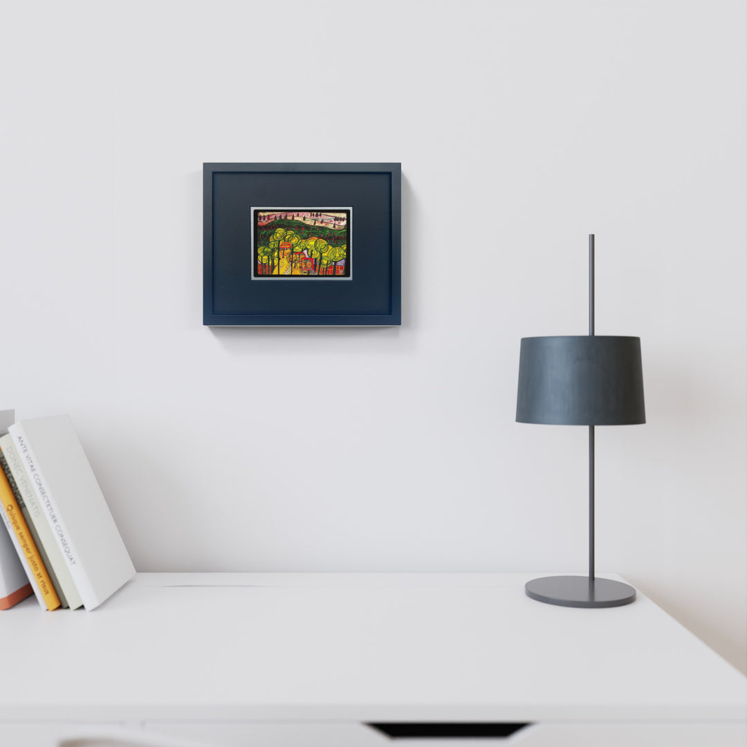 "The rain falls far from us " | Friedensreich Hundertwasser Miniprint mit Rahmen