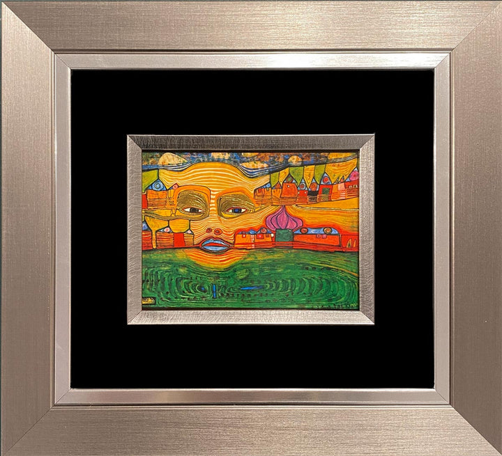 "Irinaland über dem Balkan" | Friedensreich Hundertwasser Miniprint mit Rahmen