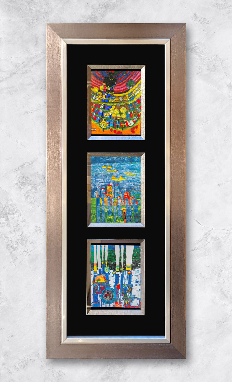 "Hundertwasser Collage - hoch I" | Friedensreich Hundertwasser Miniprint mit Rahmen