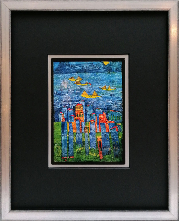 "Gelbe Schiffe - Das Meer von Tunis und Toarmina" | Friedensreich Hundertwasser Miniprint mit Rahmen