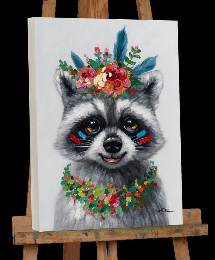 Waschbär mit Blumendekoration