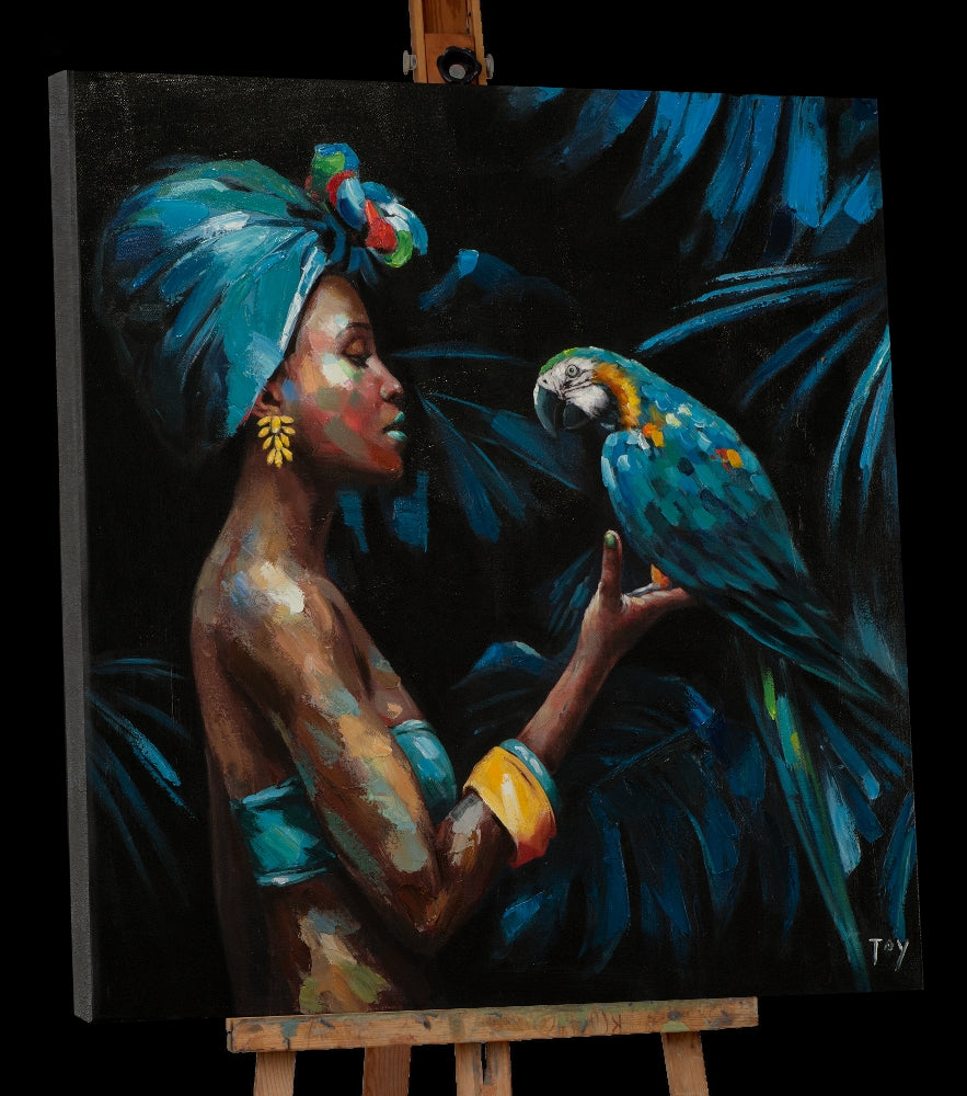 Schönheit mit blauem Papagei