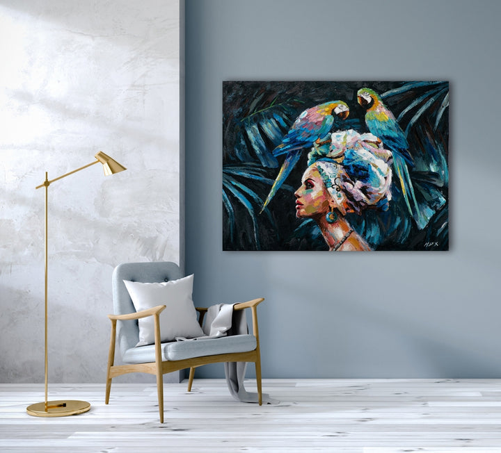 Schönheit mit blauen Papageien