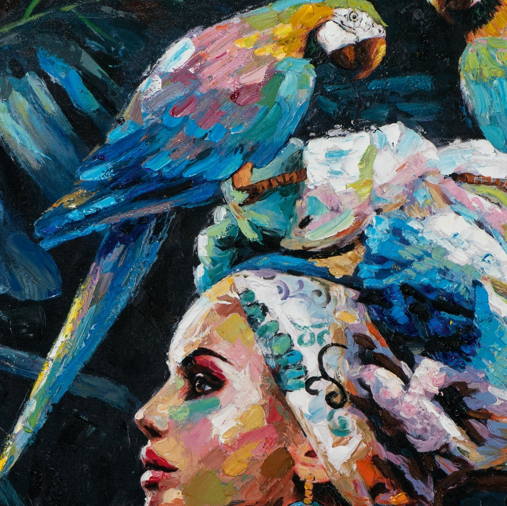 Schönheit mit blauen Papageien