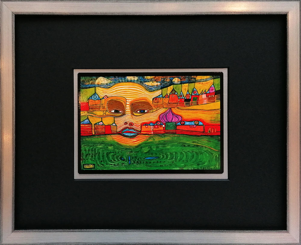 "Irinaland über dem Balkan" | Friedensreich Hundertwasser Miniprint mit Rahmen