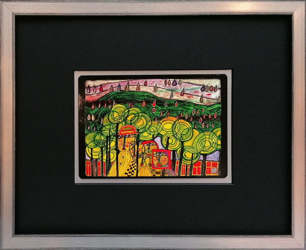 "The rain falls far from us " | Friedensreich Hundertwasser Miniprint mit Rahmen