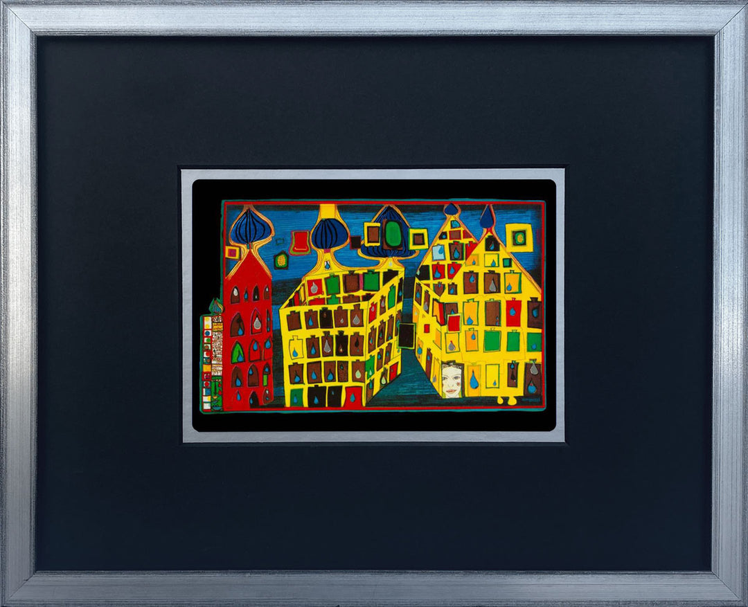 "Gelbe Häuser" | Friedensreich Hundertwasser Miniprint mit Rahmen
