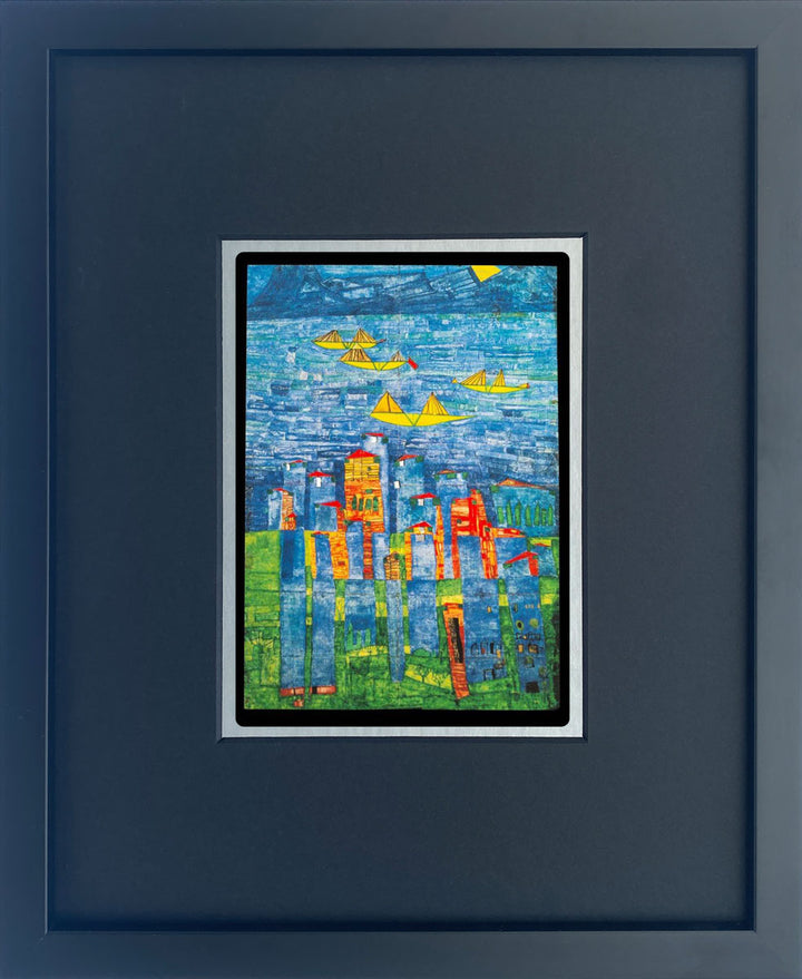 "Gelbe Schiffe - Das Meer von Tunis und Toarmina" | Friedensreich Hundertwasser Miniprint mit Rahmen