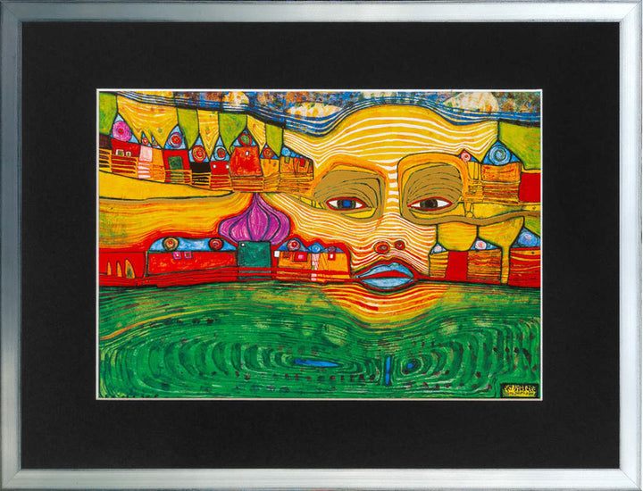 "Irinaland über dem Balkan" | Friedensreich Hundertwasser Miniprint mit Rahmen