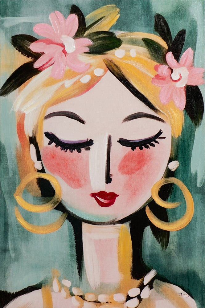 Naive Painting Green Girl