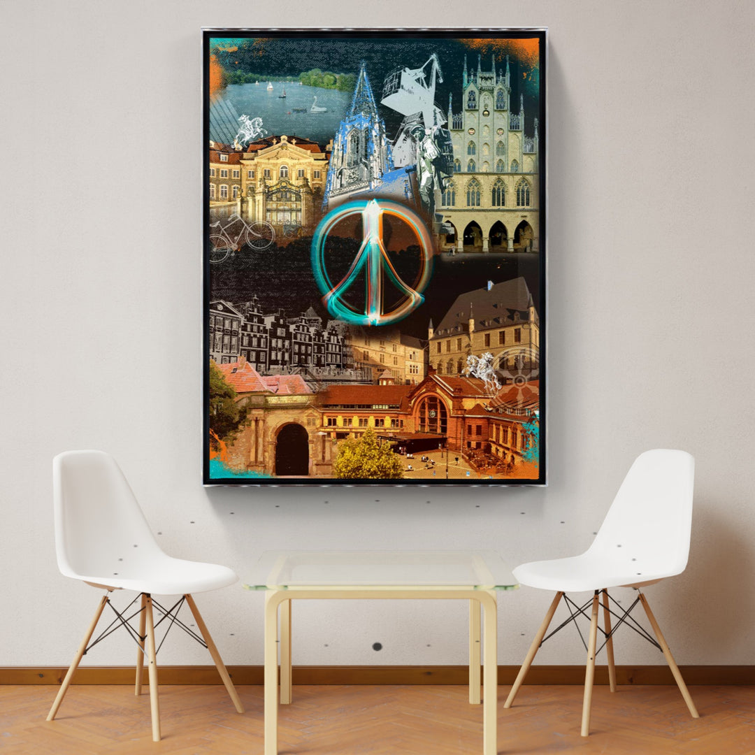 Osnabrück und Münster-Friedensbild Collage 2025 (Hoch) | Giclee auf Holzkeilrahmen