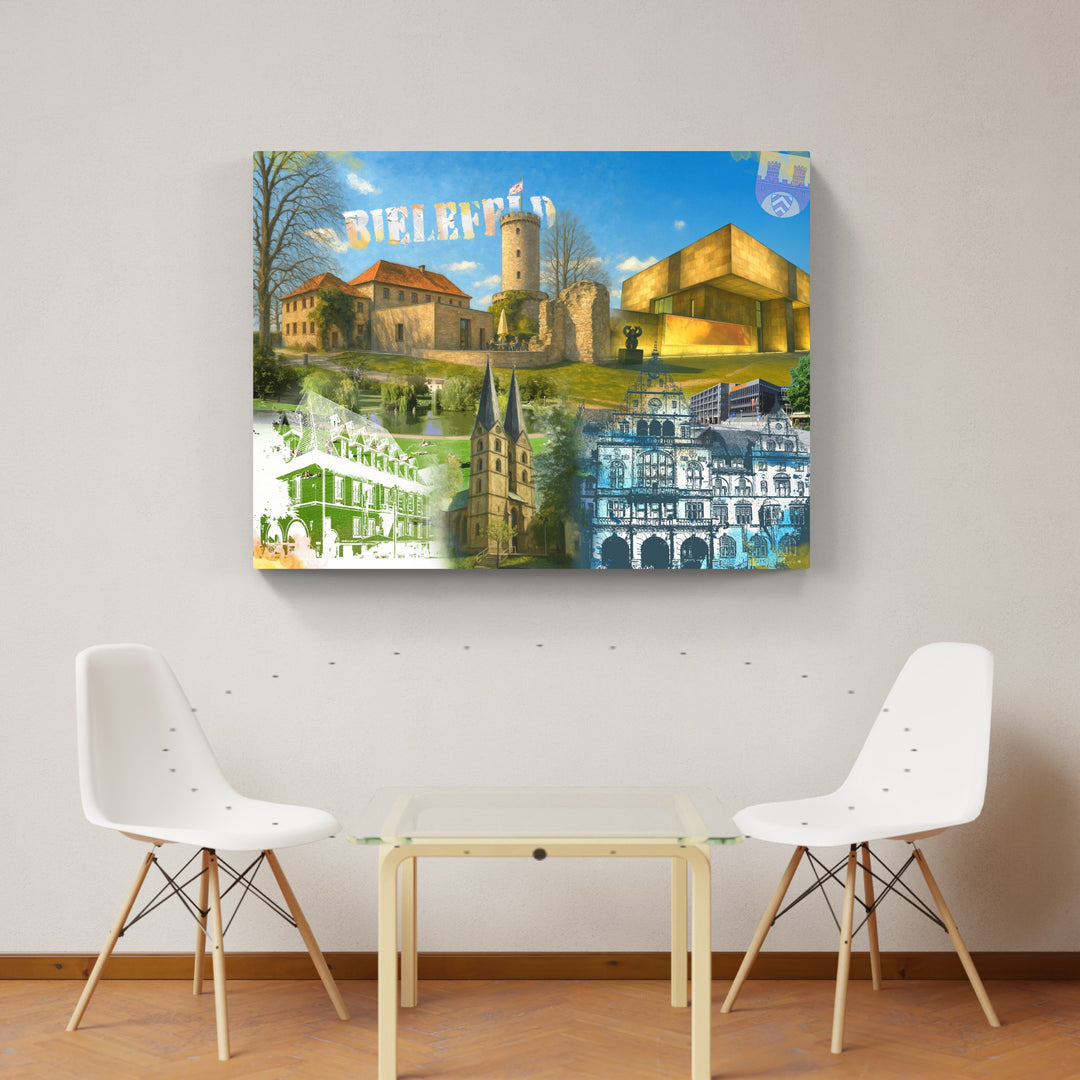 Bielefeld Turm & Zeit Collage | Giclee auf Holzkeilrahmen