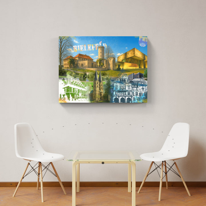 Bielefeld Turm & Zeit Collage | Giclee auf Holzkeilrahmen