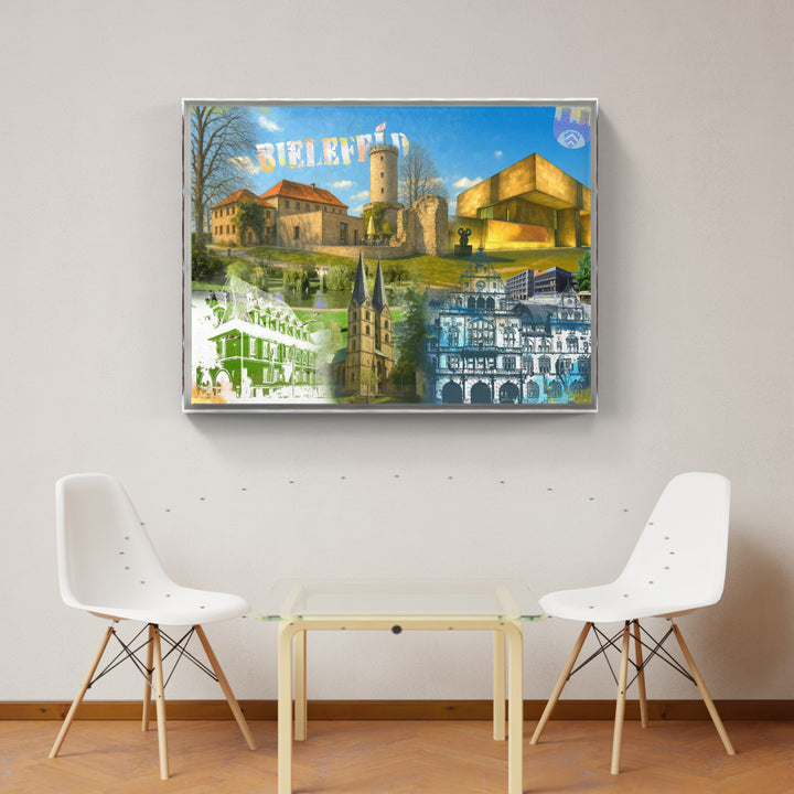 Bielefeld Turm & Zeit Collage | Giclee auf Holzkeilrahmen