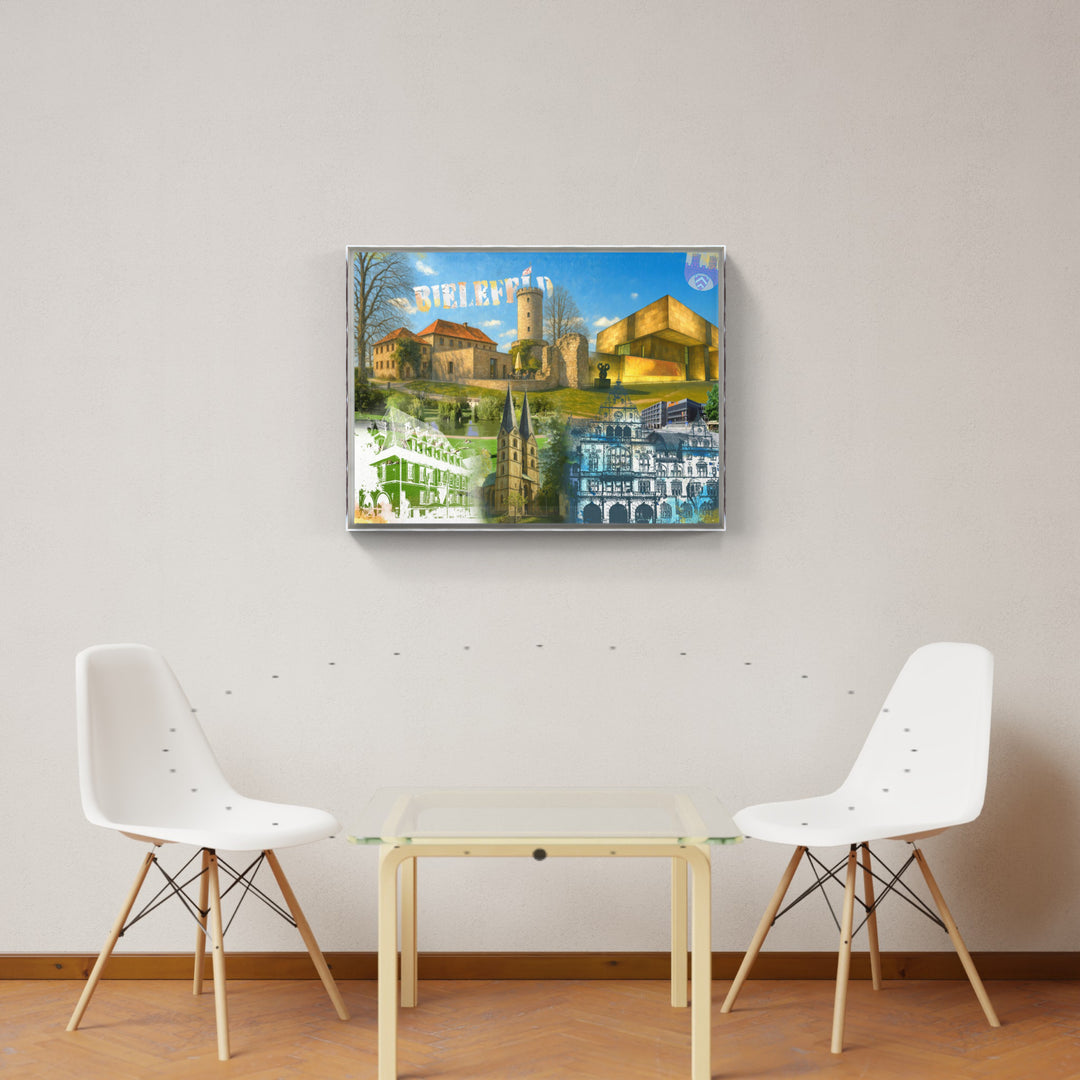 Bielefeld Turm & Zeit Collage | Giclee auf Holzkeilrahmen