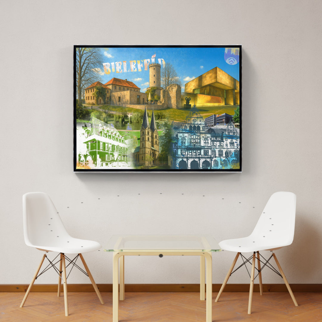Bielefeld Turm & Zeit Collage | Giclee auf Holzkeilrahmen