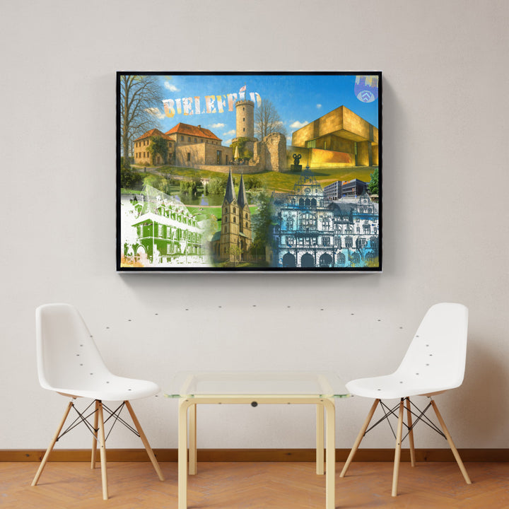 Bielefeld Turm & Zeit Collage | Giclee auf Holzkeilrahmen