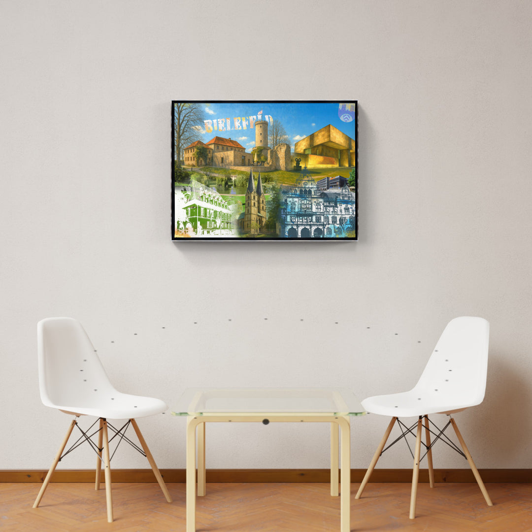 Bielefeld Turm & Zeit Collage | Giclee auf Holzkeilrahmen