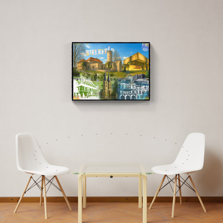 Bielefeld Turm & Zeit Collage | Giclee auf Holzkeilrahmen