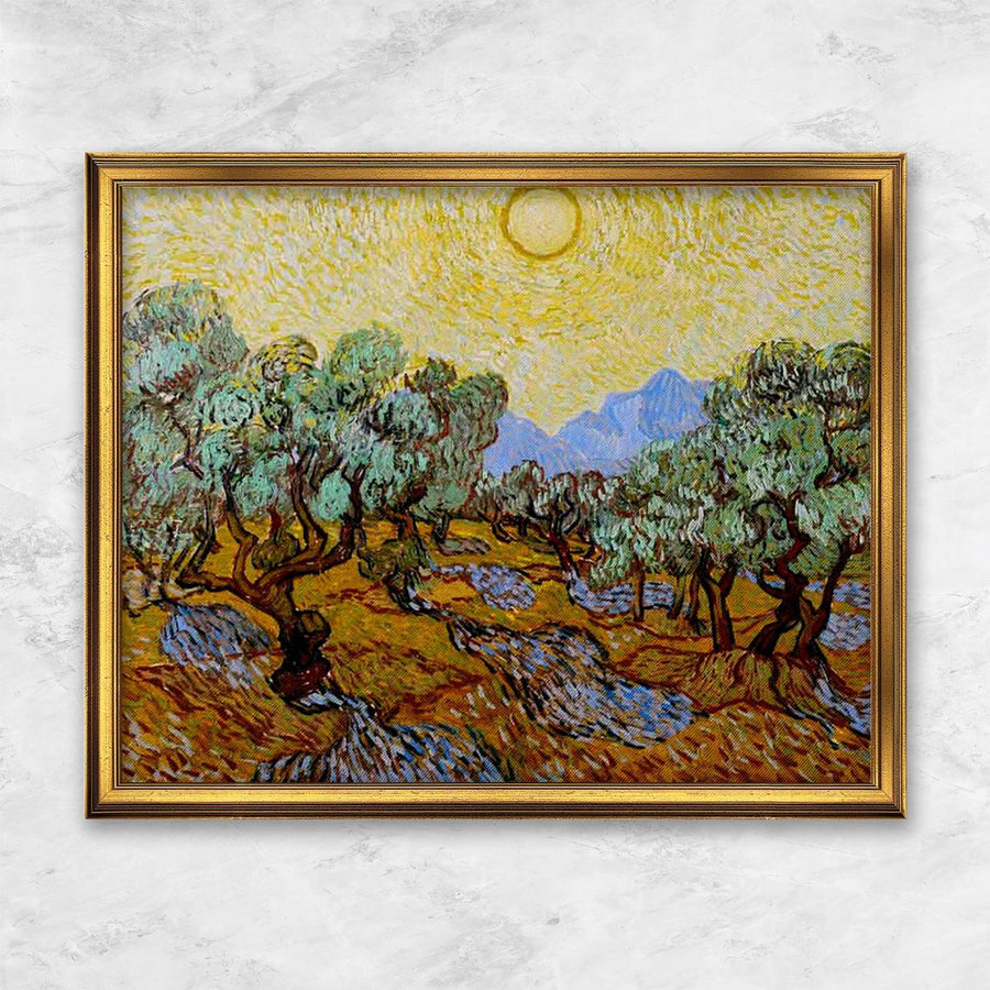 "Olivenbäume mit gelbem Himmel und Sonne" | Vincent van Gogh goldener Rahmen