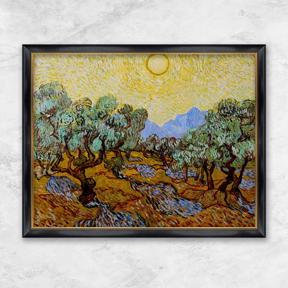 "Olivenbäume mit gelbem Himmel und Sonne" | Vincent van Gogh schwarzer Rahmen