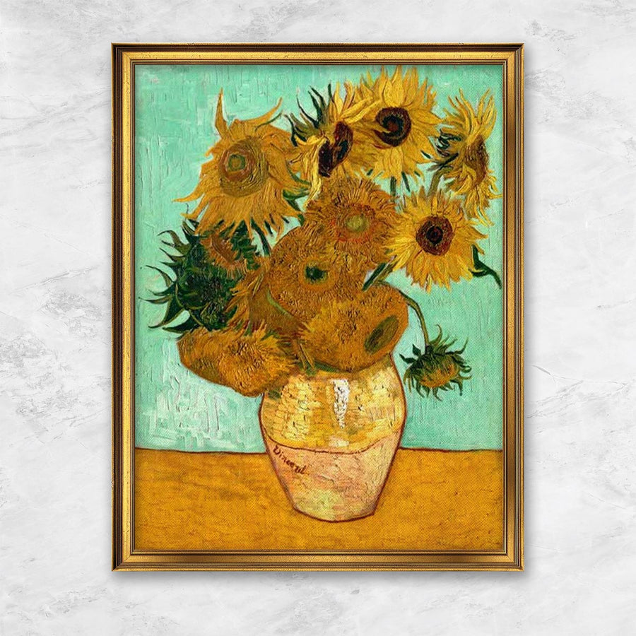 Zwölf Sonnenblumen in einer Vase mit grünem Hintergrund - Vincent van Gogh goldener Rahmen