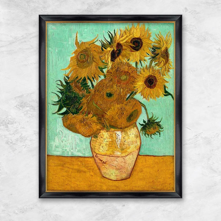 Zwölf Sonnenblumen in einer Vase mit grünem Hintergrund - Vincent van Gogh schwarzer Rahmen