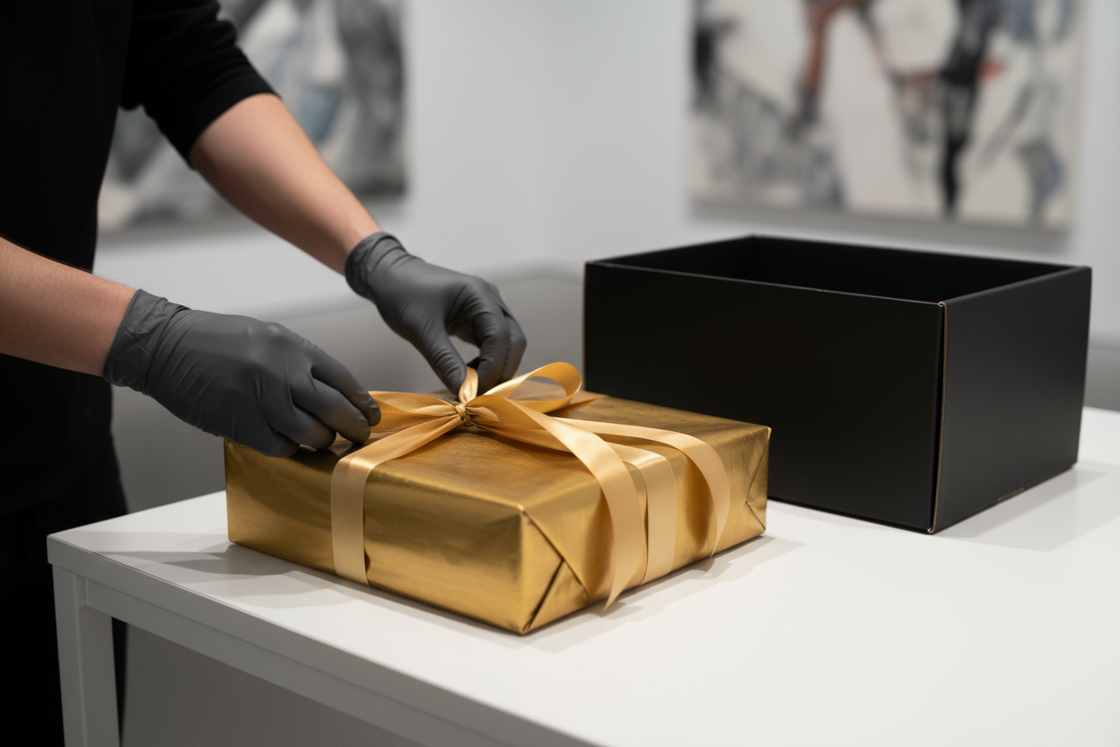 Ein moderner Galerieraum mit einem Mitarbeiter, der gerade ein Goldenes Geschenk verpackt oder in eine Versandkiste legt. Detailaufnahme