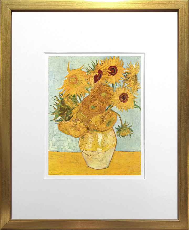 Zwölf Sonnenblumen in einer Vase mit grünem Hintergrund - Vincent van Gogh | Meisterstücke Miniprint gerahmt