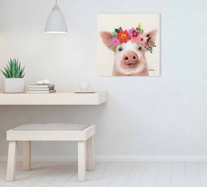 Kleines Schweinchen mit Blumen Dekoration
