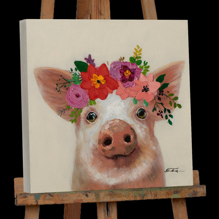 Kleines Schweinchen mit Blumen Dekoration