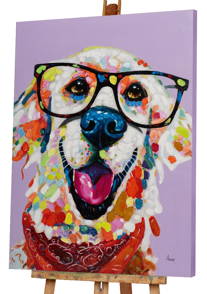 Lustiger bunter Hund mit Brille