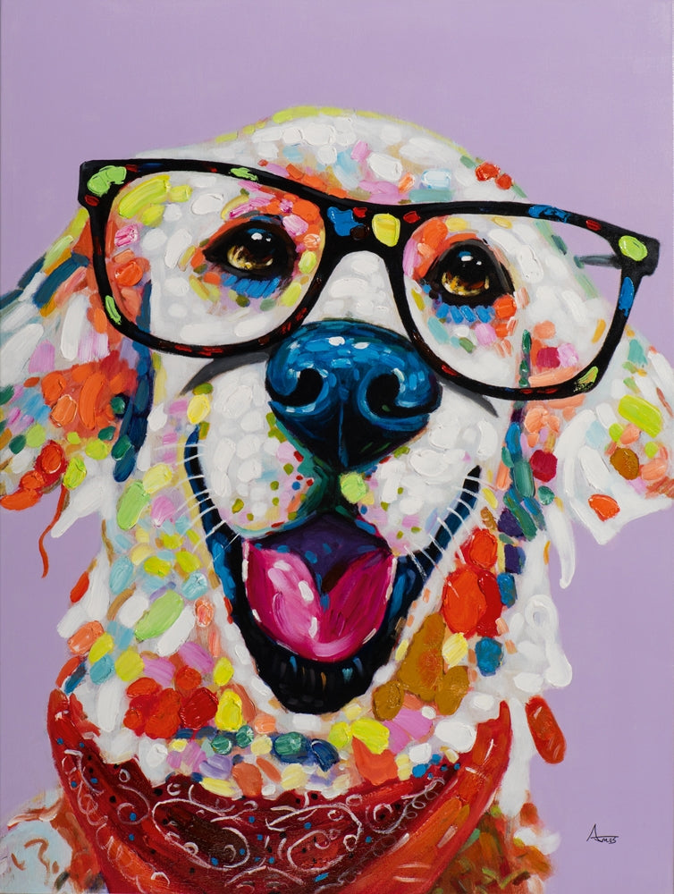 Lustiger bunter Hund mit Brille