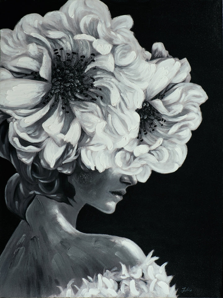 Lady mit Blumen in schwarz weiß