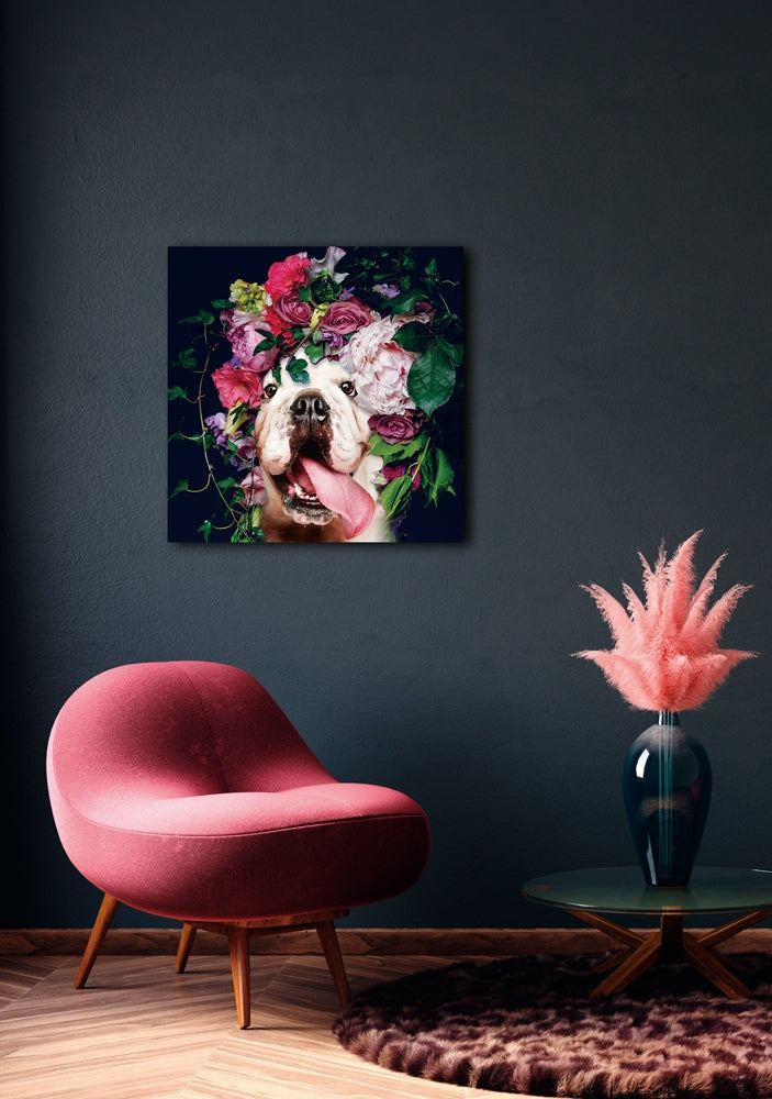 Hund mit buntem Blumenkranz | Digitaldruck auf Sicherheitsglas
