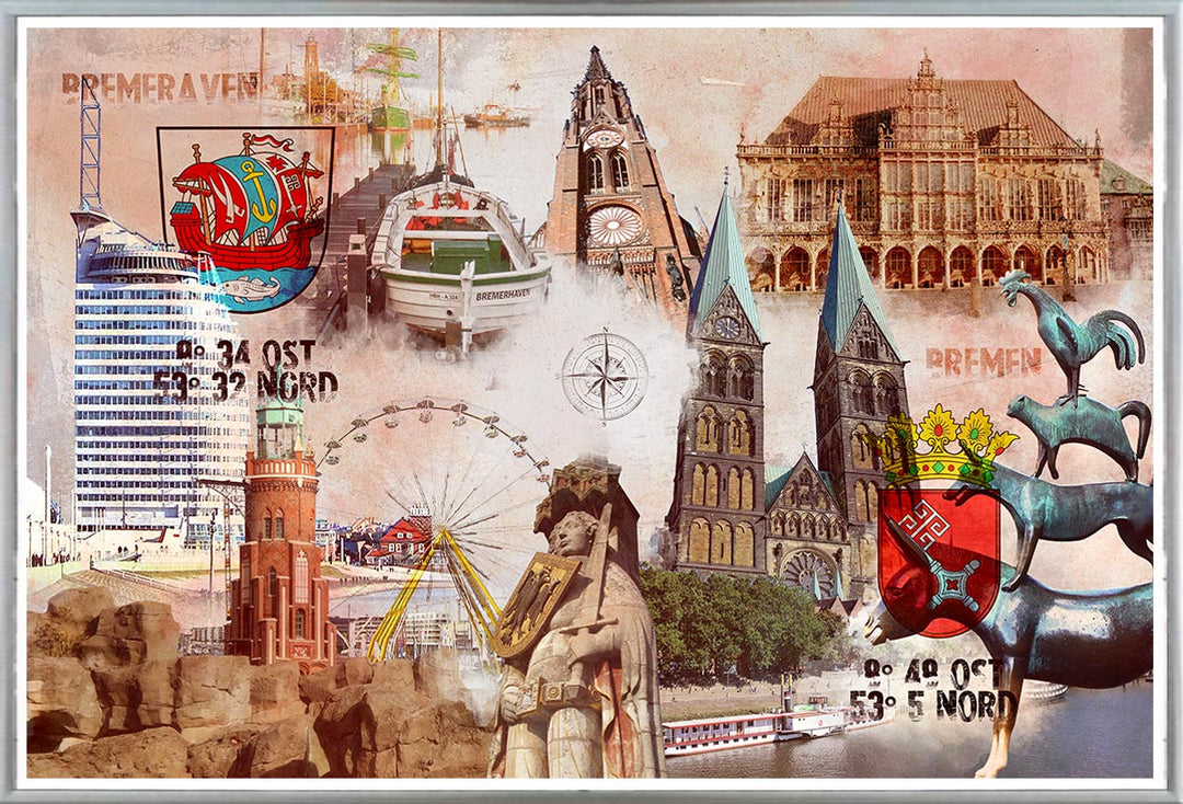 Bremen und Bremerhaven - Die Schwesterstädte Collage | Giclee auf Holzkeilrahmen