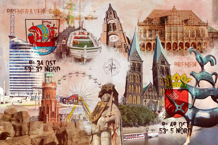 Bremen und Bremerhaven - Die Schwesterstädte Collage | Giclee auf Holzkeilrahmen