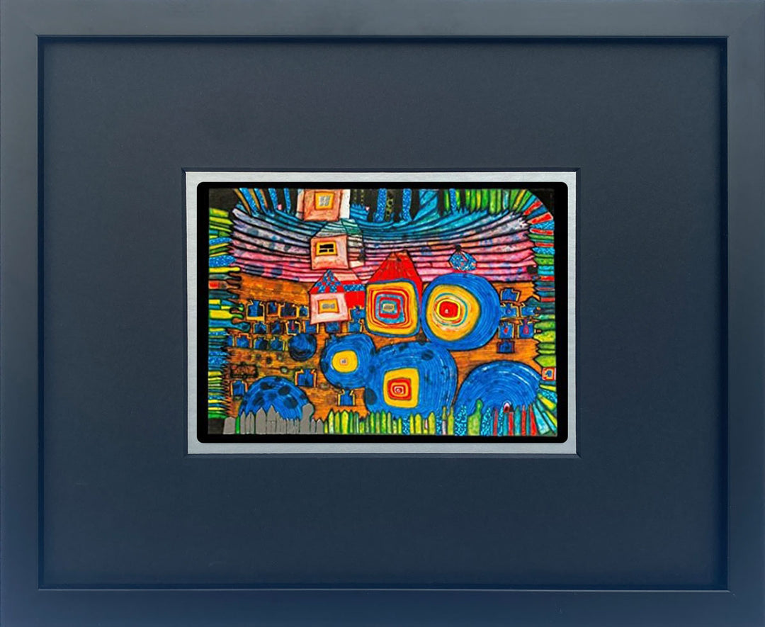 "Die Fenster gehen nach Hause" | Friedensreich Hundertwasser Miniprint mit Rahmen