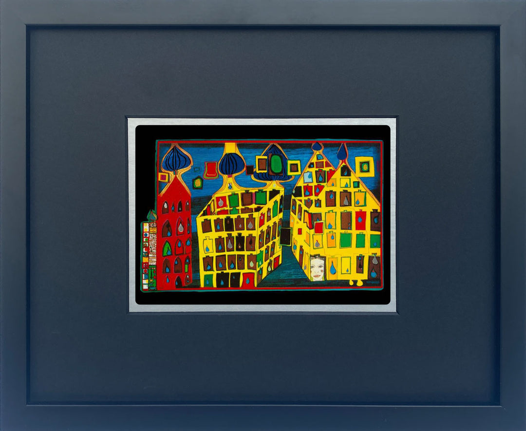 "Gelbe Häuser" | Friedensreich Hundertwasser Miniprint mit Rahmen