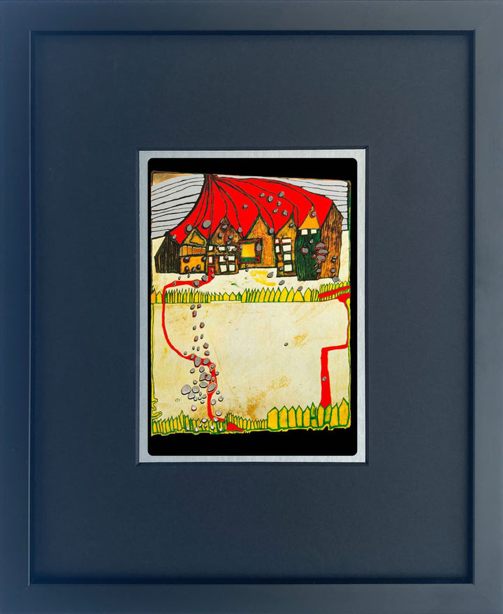 "Häuser im Schneee im Silberregen mit rotem Weg" | Friedensreich Hundertwasser Miniprint mit Rahmen
