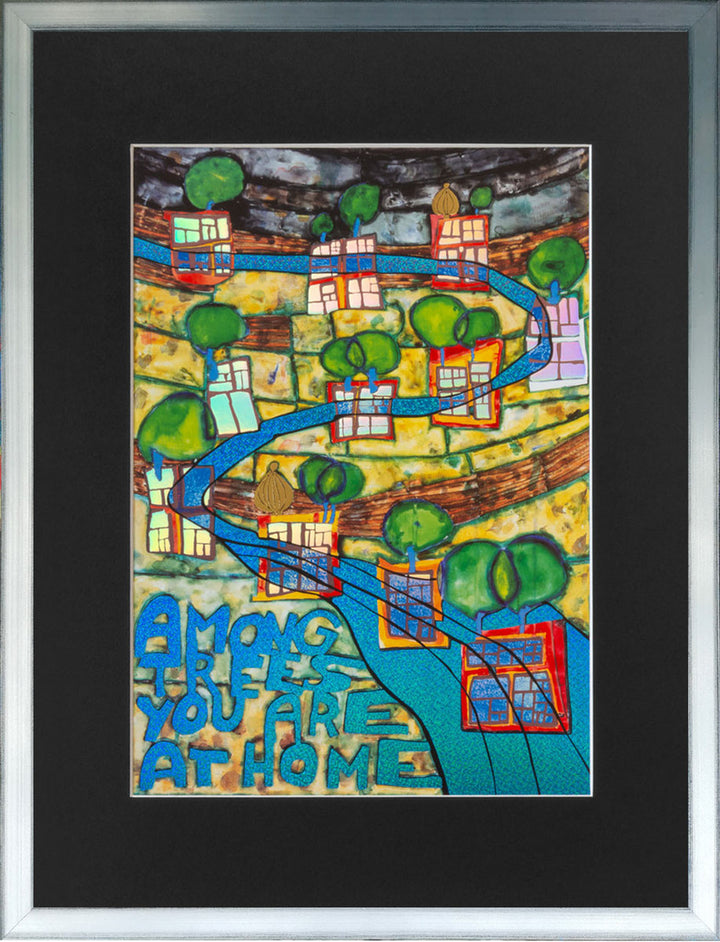 "Unter den Bäumen bist du Zuhause" | Friedensreich Hundertwasser Miniprint mit Rahmen